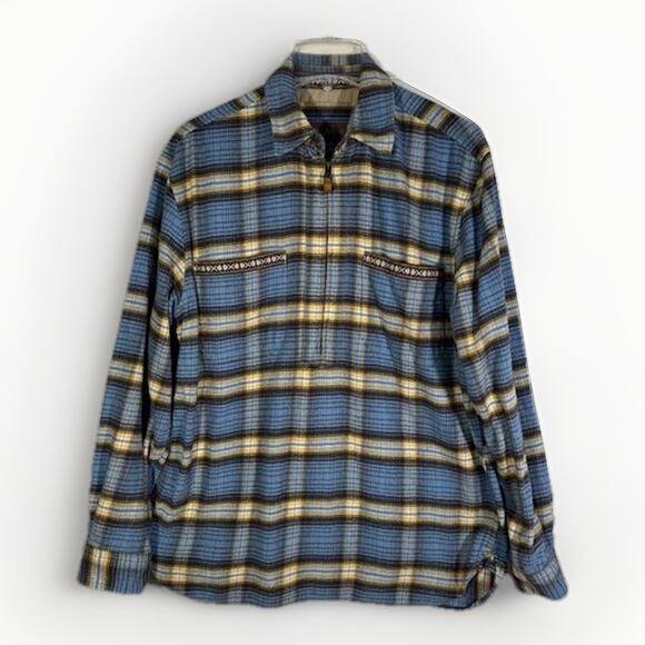 Territory Ahead Cozy Flannel Shirt Mens M Blue Yellow Plaid Pullover 1/4 Zip - Picture 1 of 5